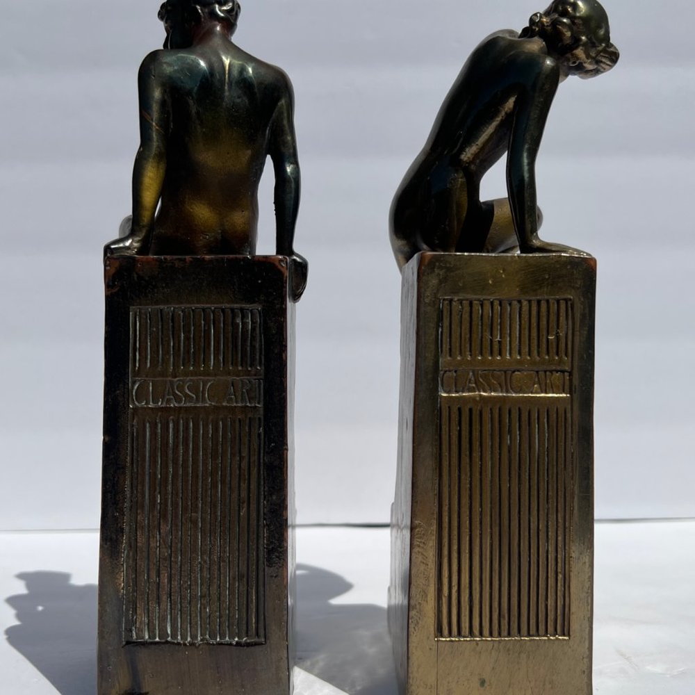 Bronze Bookends Nude Man Woman Art Nouveau Sculpture Circa 1916 “Classic Art” - Picture 3 of 16